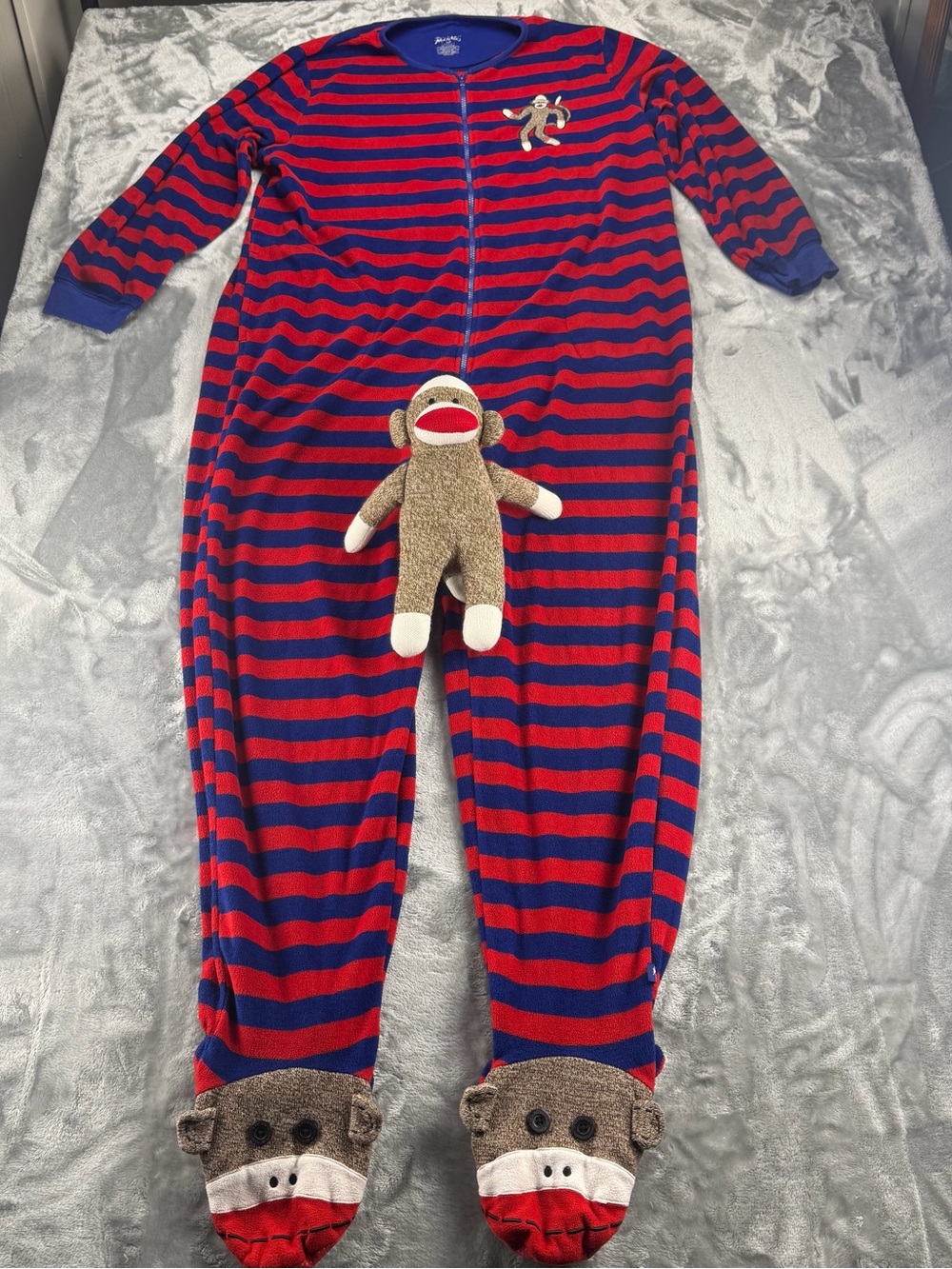 Adult Red and Blue Striped One-Piece Pajama with Sock Monkey Accents